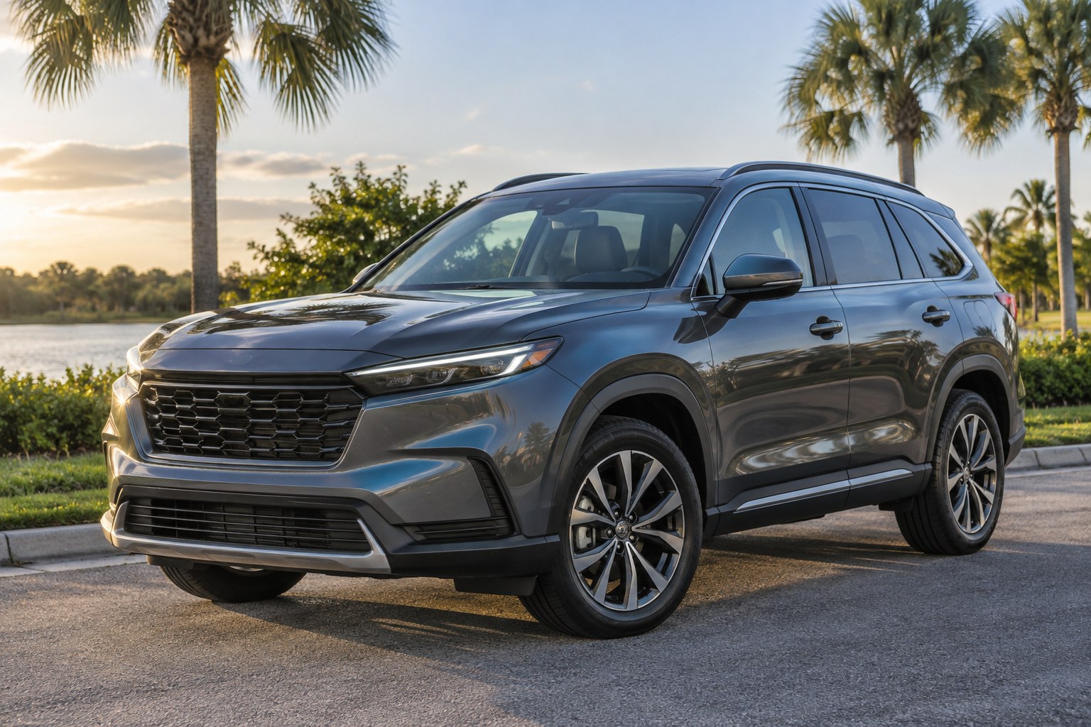 Illustrative graphite SUV with tinted side windows in a sunny Florida setting